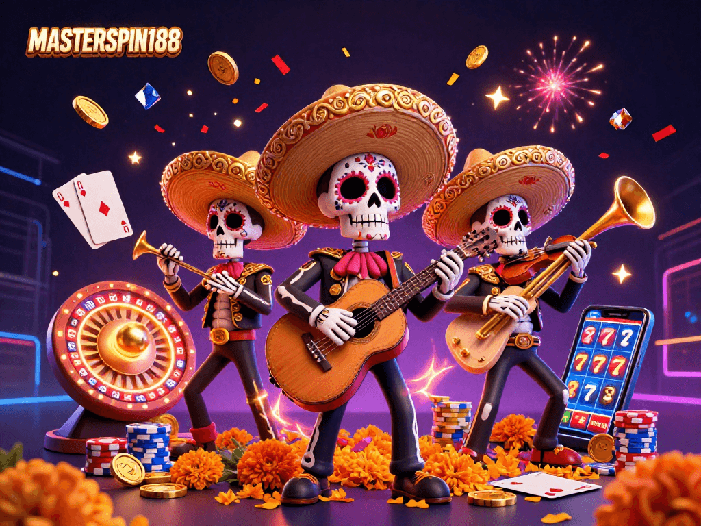 Experience thrilling gameplay with MASTERSPIN188's lively mariachi band illustration, featuring casino elements and vibrant colors.
