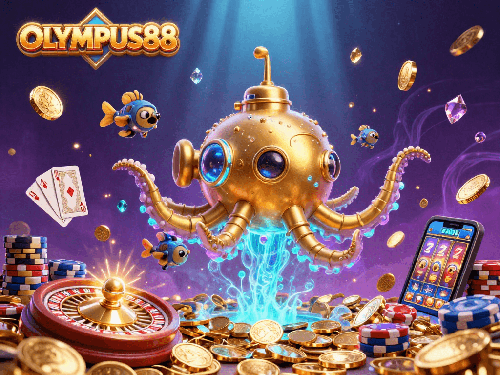 Experience thrilling gaming with OLYMPUS88, featuring a golden kraken and vibrant casino elements.
