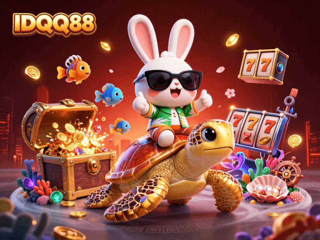 Experience the excitement of IDQQ88 with a lucky rabbit and turtle in vibrant casino-themed illustration.