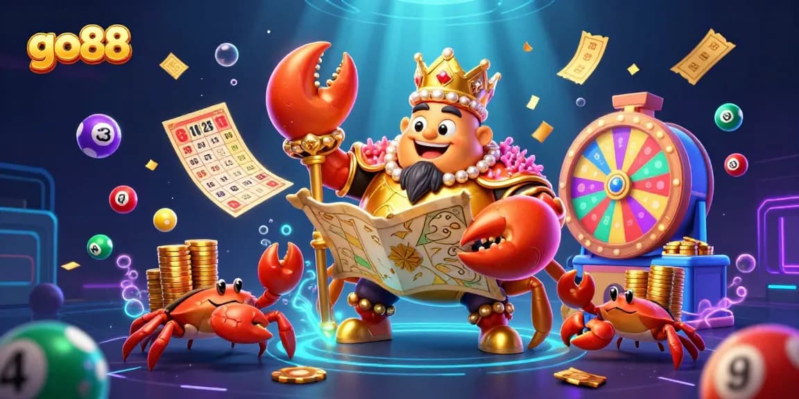 Engage with go88's vibrant lottery scene featuring a golden crab emperor amidst colorful game elements.