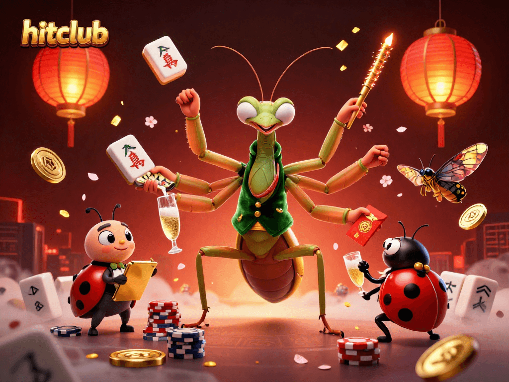 Experience the thrilling ambiance of hitclub with a giant mantis dealer and vibrant casino elements.