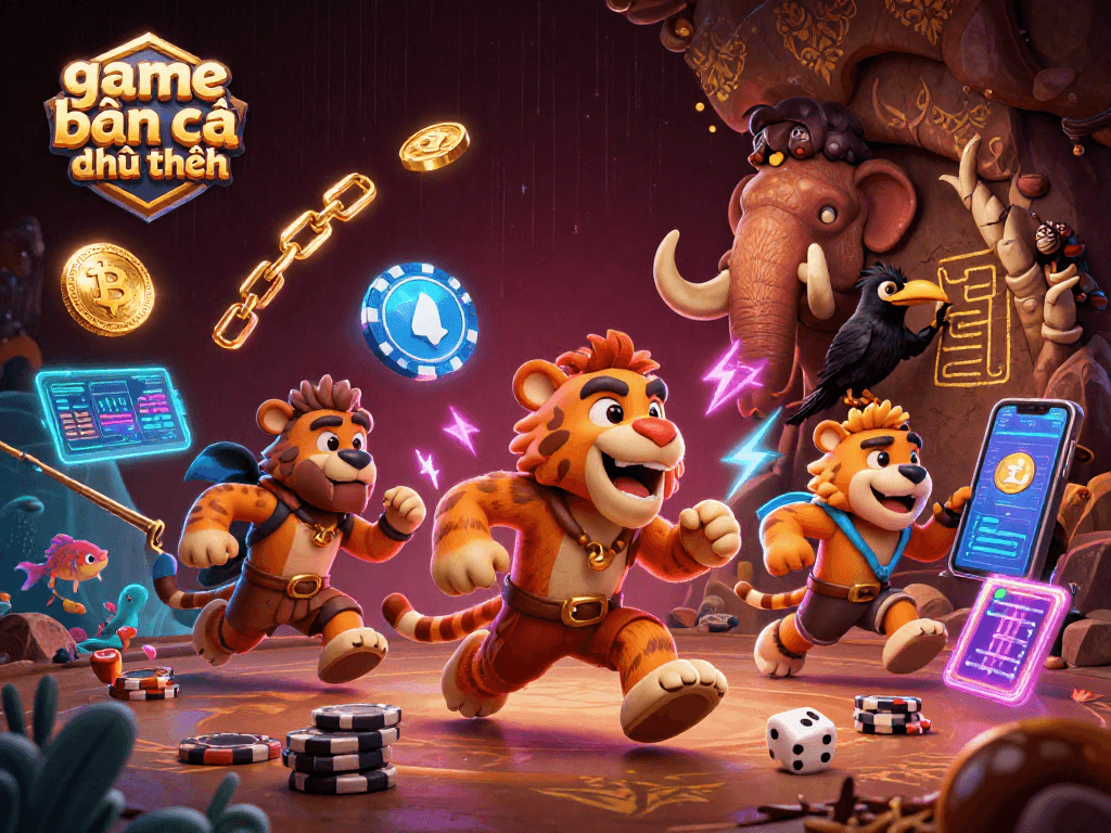 A 3D digital scene showcasing the game bắn cá đổi thưởng with an energetic caveman, a sabertooth tiger, and a clever crow, surrounded by underwater themes and crypto elements.