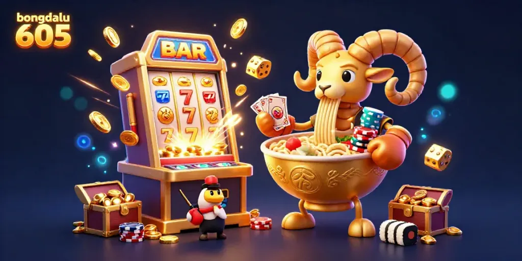 Experience thrilling gameplay with bongdalu 605, featuring a vibrant interactive scene of a ramen bowl character dealing cards.