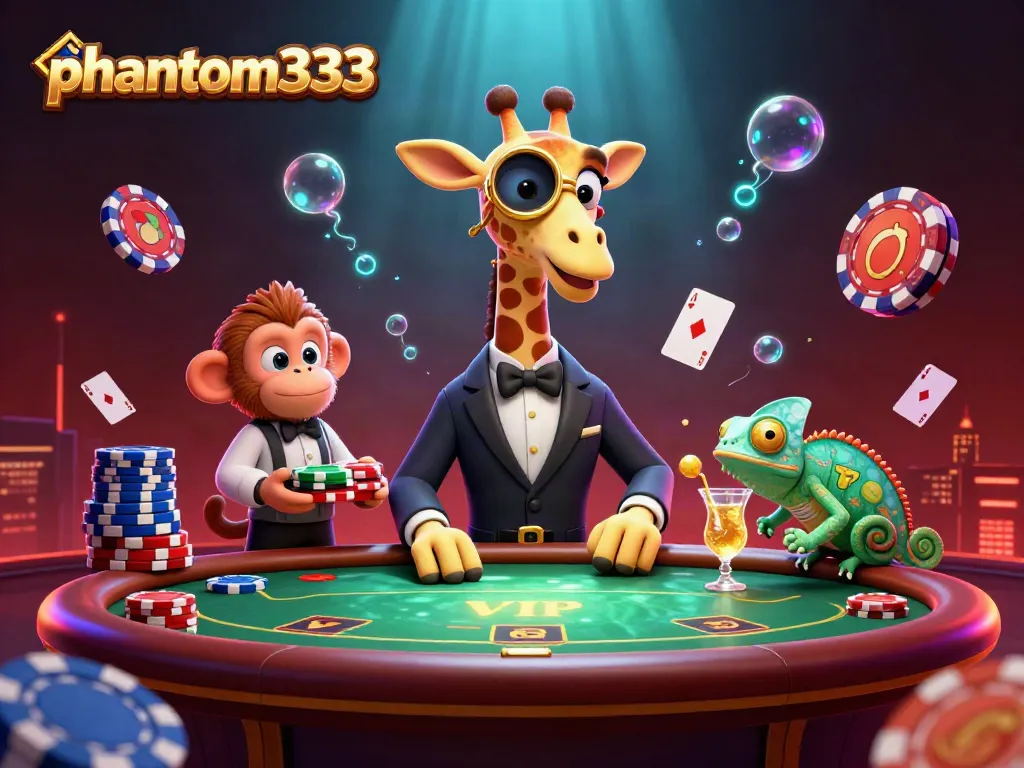 Engage with thrilling poker action featuring phantom333 in a vibrant, colorful casino scene.
