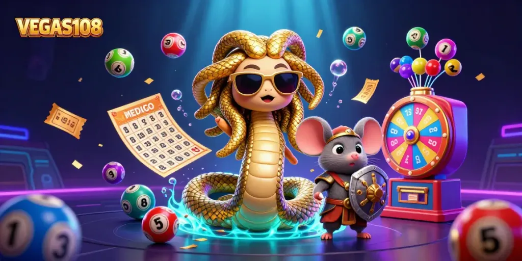 VEGAS108 mengisahkan Medusa dan pejuang tikus dalam nuansa lotre penuh warna.