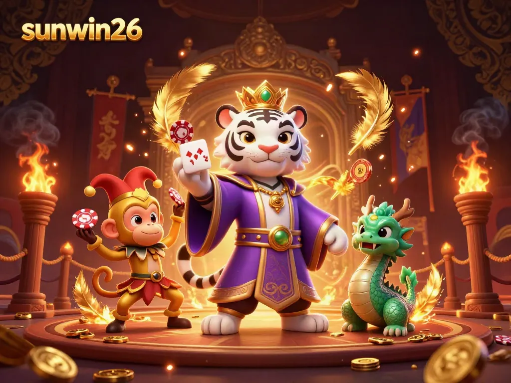 Experience the excitement at sunwin26 with a vibrant 3D casino scene featuring royal characters and gaming elements.