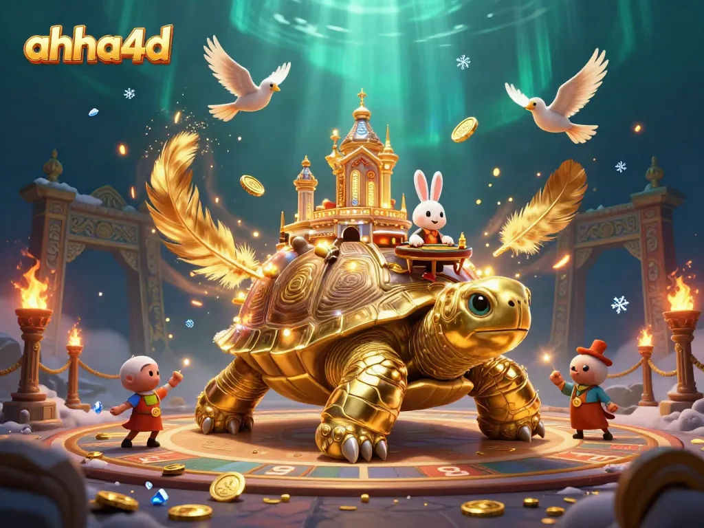 Engage with ahha4d's vibrant casino scene featuring a tortoise casino and coin-carrying birds.