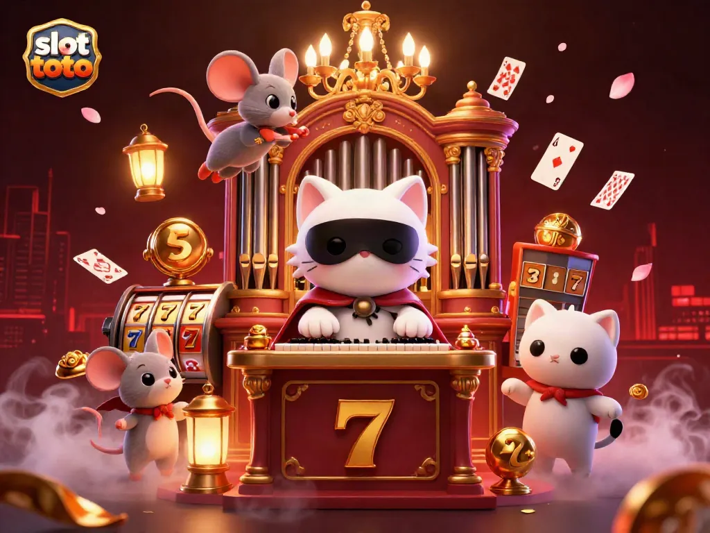 Experience slot toto’s excitement with a whimsical cat playing at a casino organ, surrounded by floating cards and treasures.