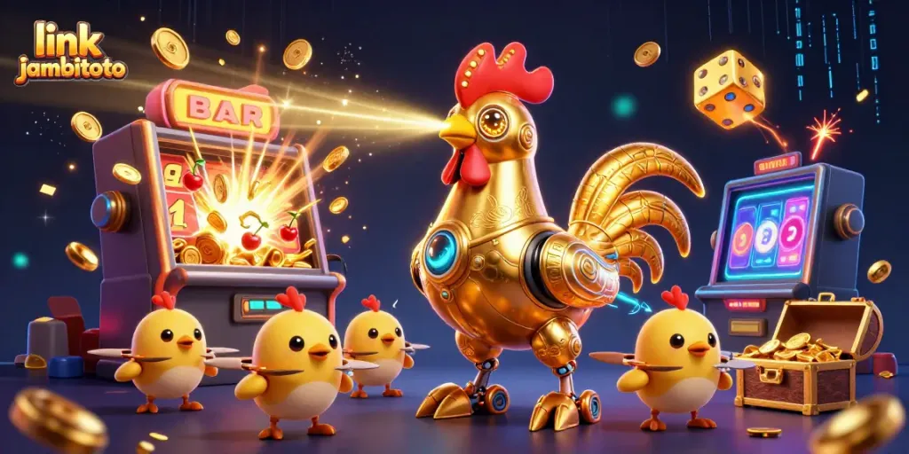Experience the excitement of link jambitoto with dynamic visuals of a golden rooster robot and gaming elements.