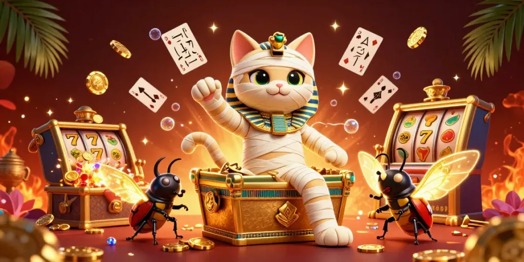 Toto togel online dengan karakter kucing mummy 3D dan simbol slot di kasino pyramid.
