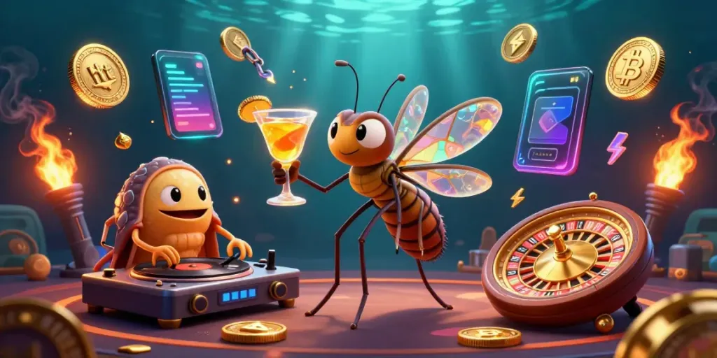 Witness the hit casino experience with a mascot, DJ, and roulette in a vibrant underwater setting.