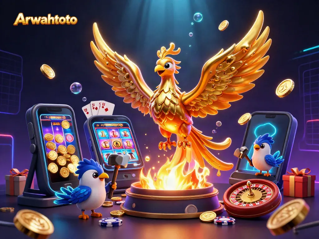 Arwahtoto menghadirkan ilustrasi kasino menarik dengan phoenix emas dan elemen judi.