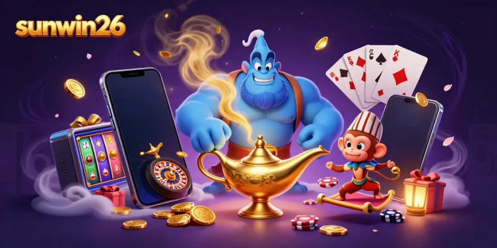 Engage in the magic of sunwin26 with a vibrant 3D scene featuring a genie, monkey, and casino elements.