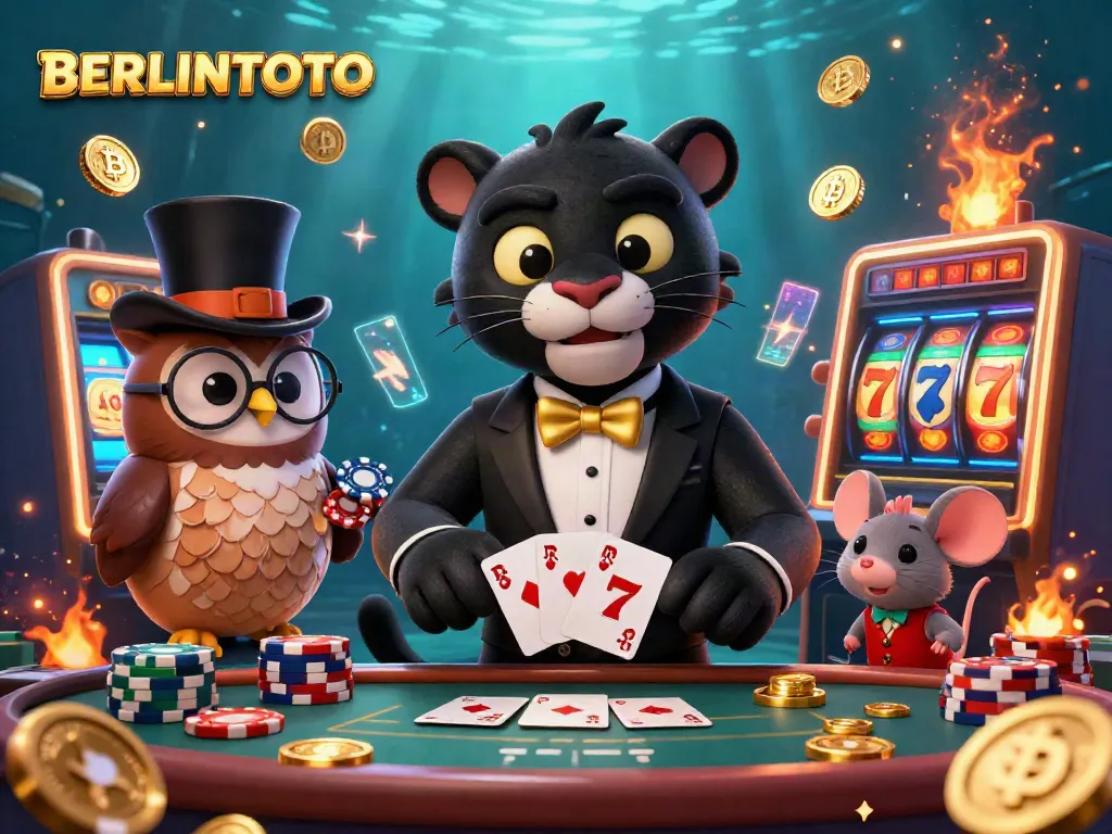Engage with BERLINTOTO's vibrant casino experience featuring characters amidst crypto elements and slot symbols.