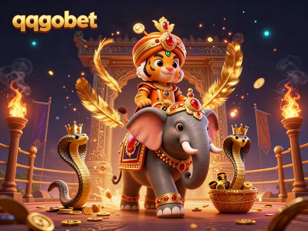 Engage with qqgobet's thrilling gaming scene featuring a tiger maharaja, jewel elephant, and golden elements.