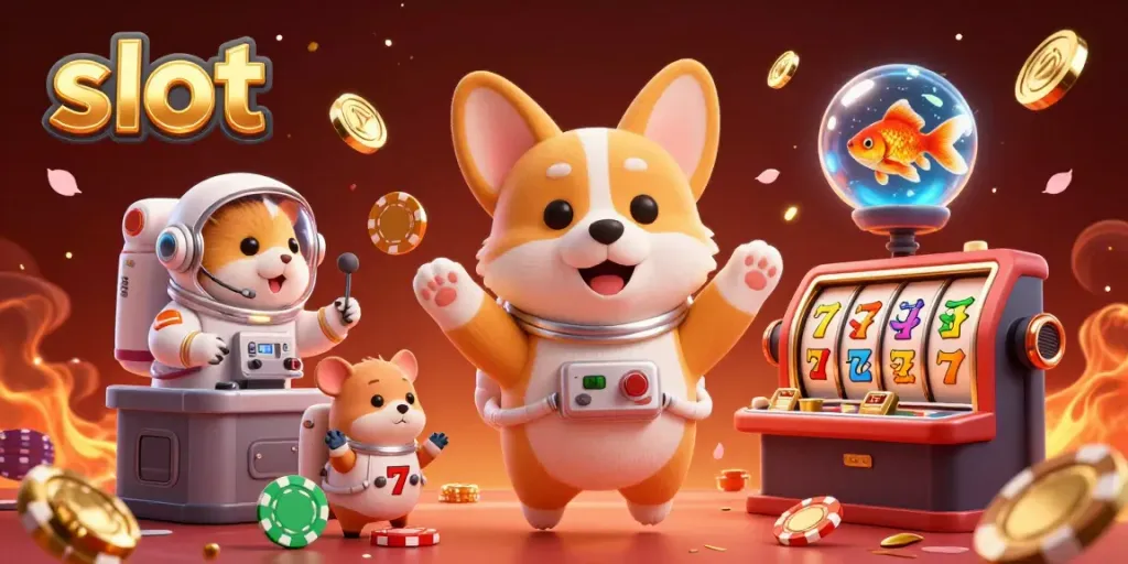 Slot yang menyenangkan dengan corgi astronot dan elemen judi lainnya berfloresensi dalam suasana kasino luar angkasa.