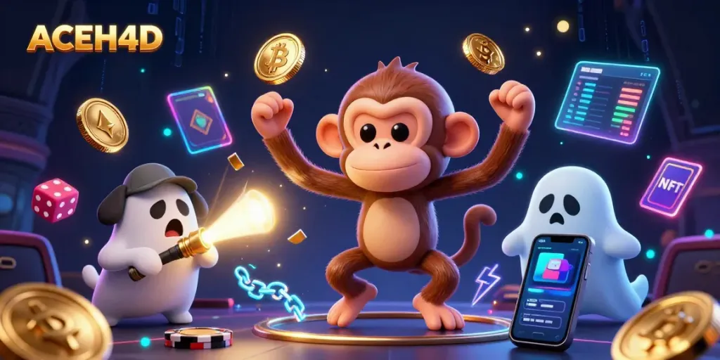 Experience the thrill of ACEH4D in a vibrant casino scene with a mischievous ghost monkey and crypto elements.