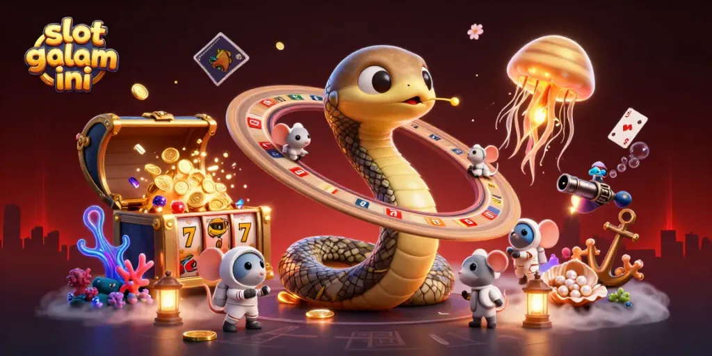 Slot gacor malam ini menunjukkan visual menakjubkan dari ular cincin Saturnus berputar di sekitar roulette sambil dikelilingi oleh simbol grafis permainan.
