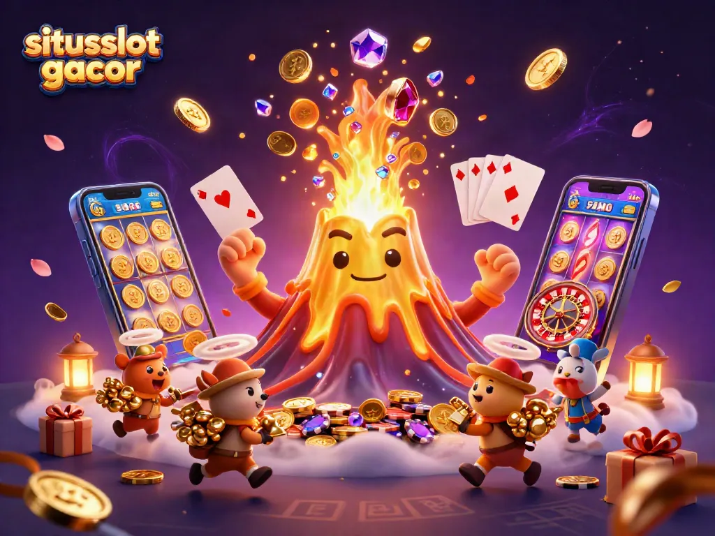 situs slot gacor menyajikan ilustrasi 3D yang dramatis dengan gunung berapi emas membawa banyak harta karun.