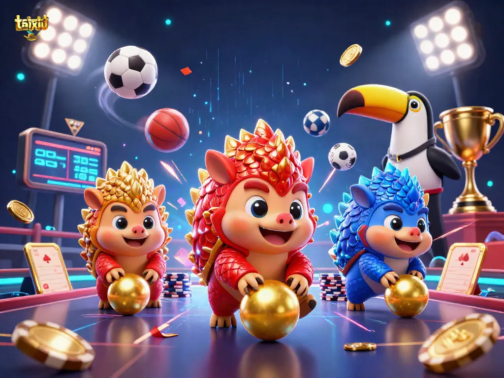 Experience taixiu action with rival pangolins bowling through poker chips and sports elements in an engaging scene.