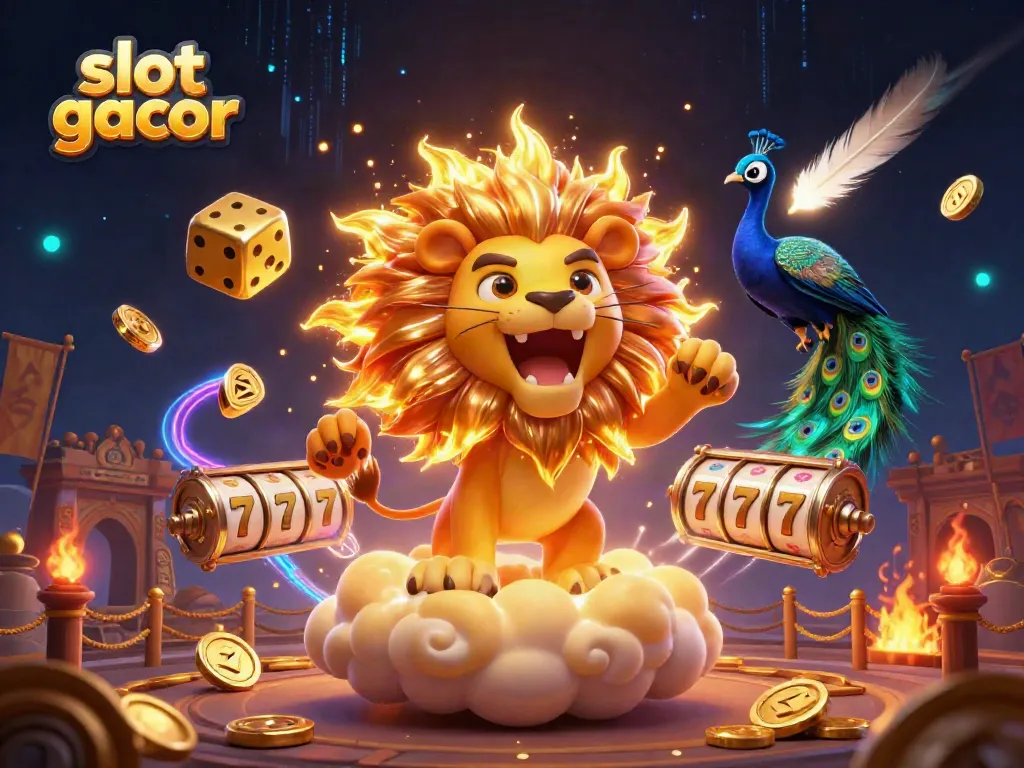 Gambarkan pengalaman bermain slot gacor yang penuh warna dan keberuntungan dengan gulungan slot dan dadu emas yang berputar.