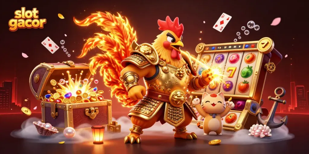 Slot gacor menampilkan ilustrasi pejuang ayam jantan bertarung dengan elemen slot dan harta karun.