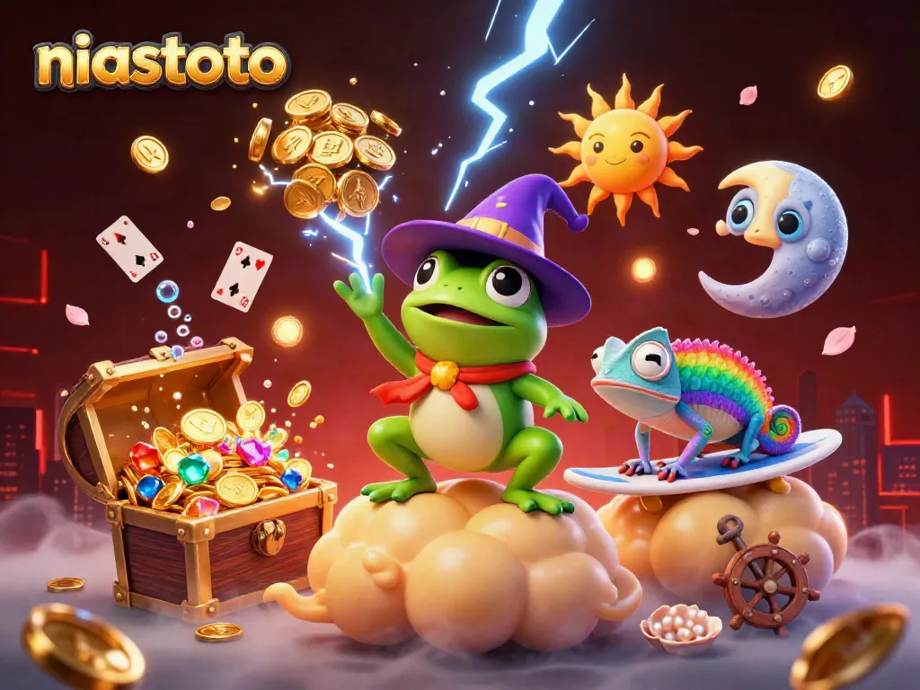 Experience the dynamic world of niastoto with a vibrant scene featuring a weather wizard frog and a rainbow chameleon.