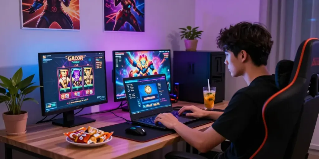 Player enjoying a slot gacor game on a laptop in a cozy gaming setup.