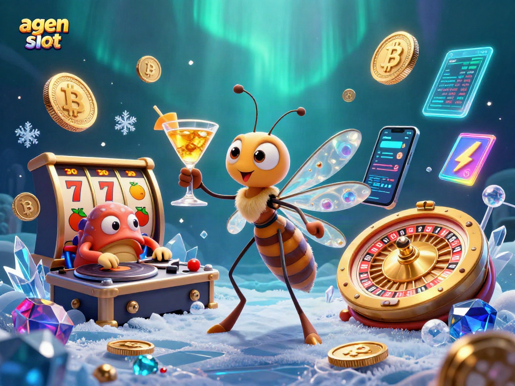 Menyajikan agen slot yang menggembirakan dengan elemen kasino klasik dalam ilustrasi digital 3D.