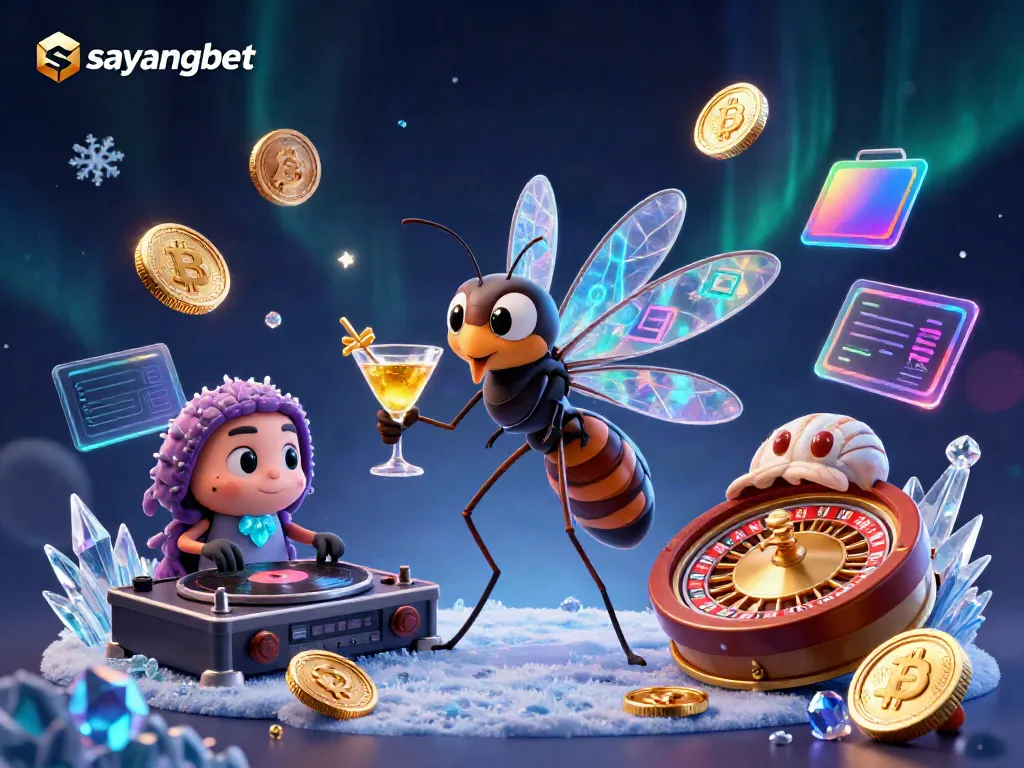 Engage with sayangbet in a vibrant and dynamic casino-themed illustration featuring unique characters and gaming elements.
