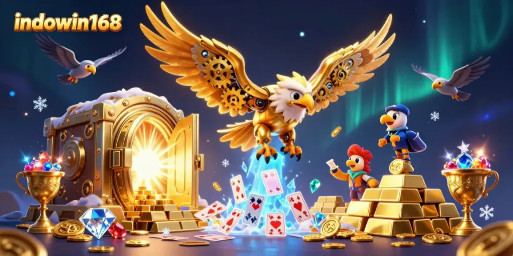 Ilustrasi 3D indowin168 menampilkan burung elang cybernetik terbang melalui kartu permainan holografik.