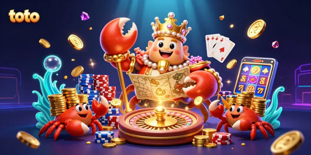 Menangkan toto dengan ilustrasi kasino 3D berisi kepiting emas dan koin berkilau.