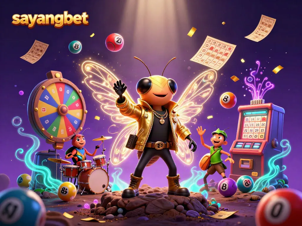 Experience the vibrant and dynamic world of sayangbet with a cartoon rock star and lively gambling elements.