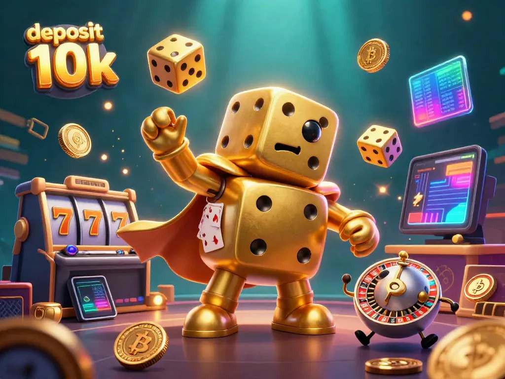 Deposit 10k dan putaran slot gacor, ilustrasi kasino digital yang berwarna-warni.