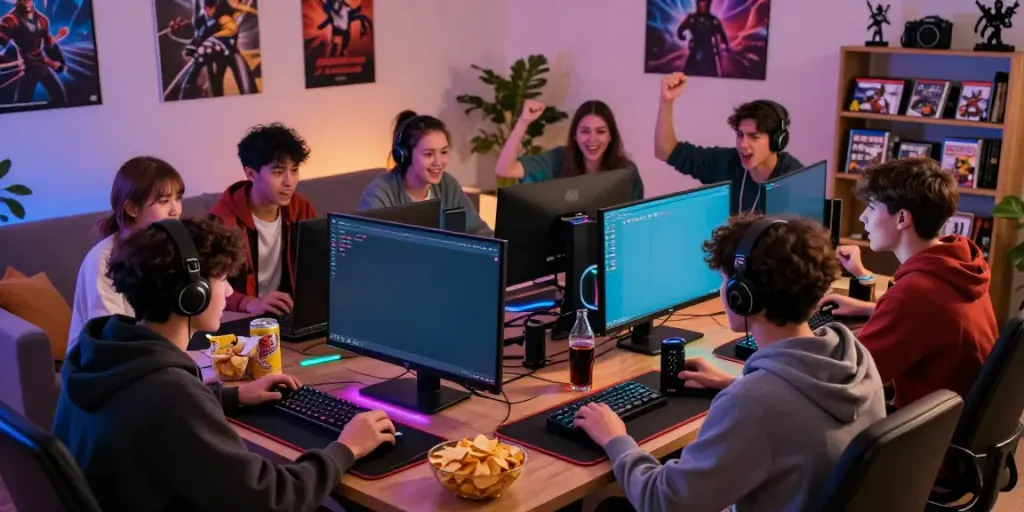 Friends immersed in an unsurtoto gaming session, showcasing excitement and strategy in a cozy living room.