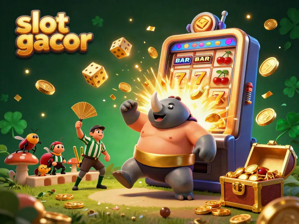 Experience the thrill of slot gacor with a dynamic 3D cartoon scene featuring a beetle champion amidst a jackpot explosion