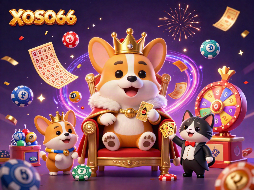 XOSO66 showcases a regal corgi and loyal cat butler celebrating with colorful lottery elements.