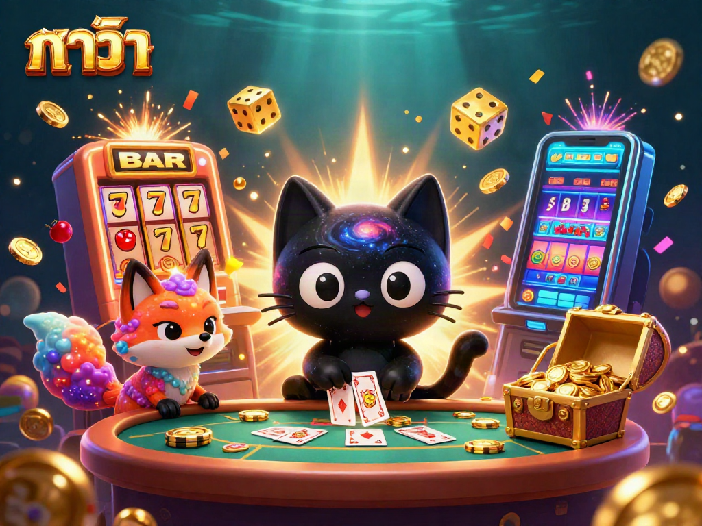 Engage in baccarat excitement with a cosmic black hole cat and vibrant slot machine elements.