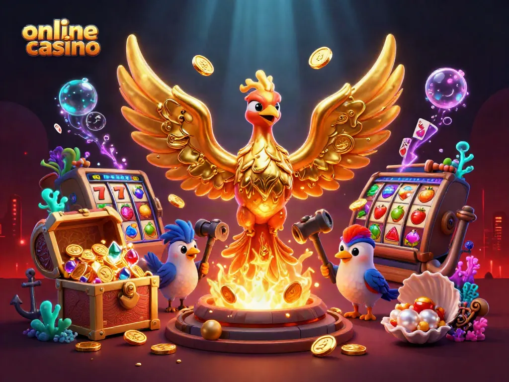 Experience exciting online casino games as a golden phoenix emerges from a forge, surrounded by vibrant casino symbols.