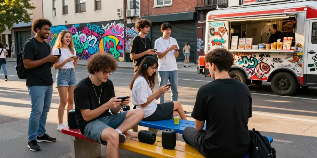 A lively urban scene on https://jakartabeat.net showcasing young adults enjoying a casual gaming event surrounded by vibrant street art.