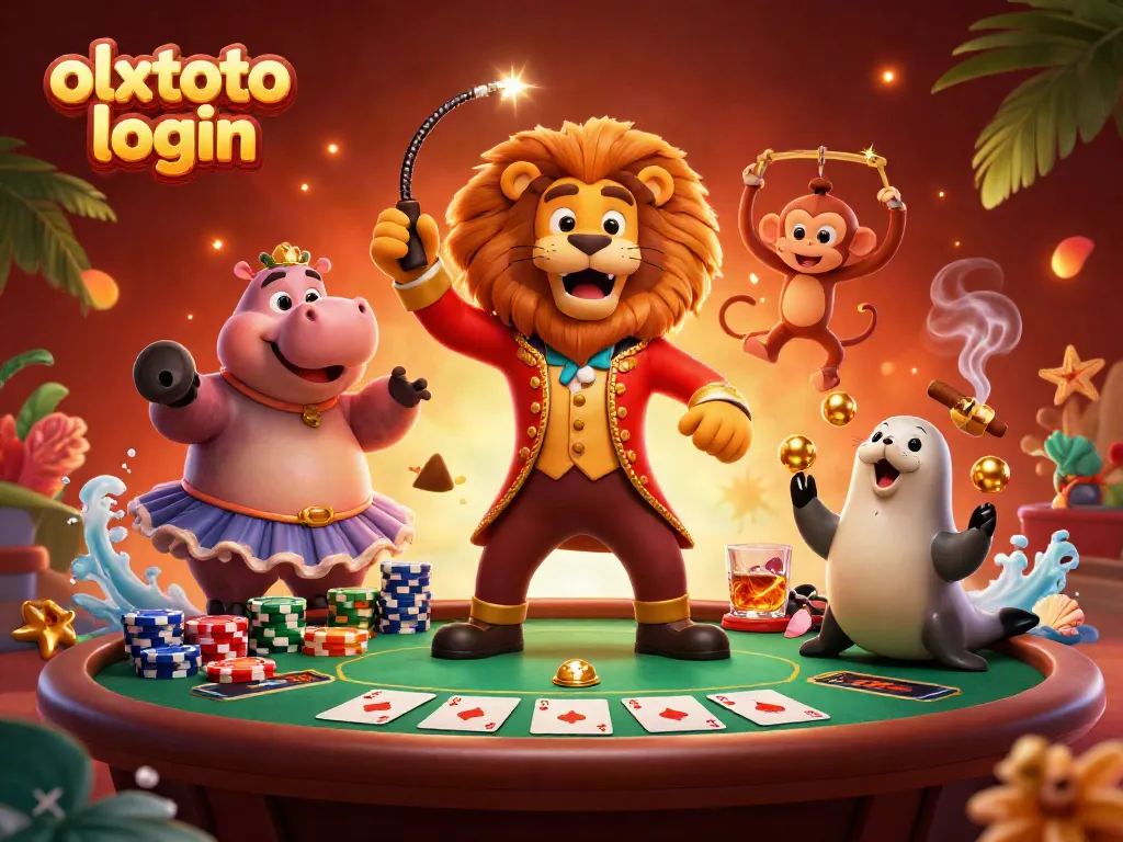 Engage with the olxtoto login scene featuring lively circus characters amidst poker elements.