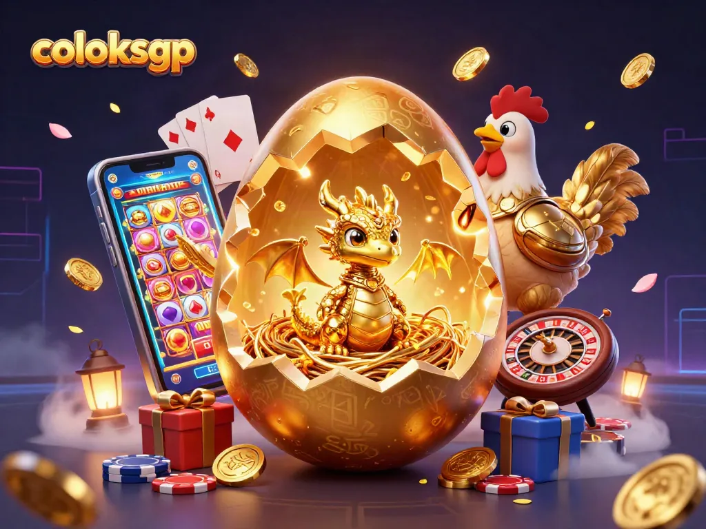 Coloksgp hadir dengan ilustrasi kasino menakjubkan, memperlihatkan telur emas dan naga emas di tengah tumpukan chip.