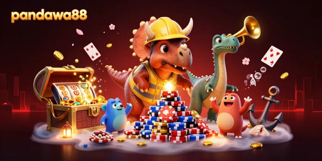 Menggunakan pandawa88 untuk memupuk kegembiraan judi, ilustrasi 3D yang menampilkan triceratops dan elemen kasino lainnya.