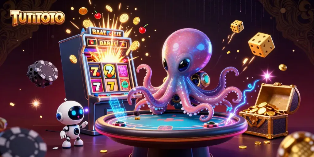 Engage with TUTITOTO's cosmic casino adventure featuring an octopus and robot at a holographic poker table.