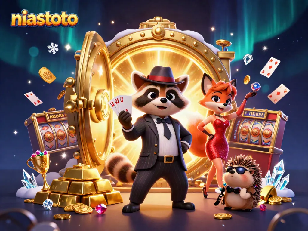 Experience niastoto with a charming raccoon, fox, and hedgehog in a vibrant casino scene filled with treasures.
