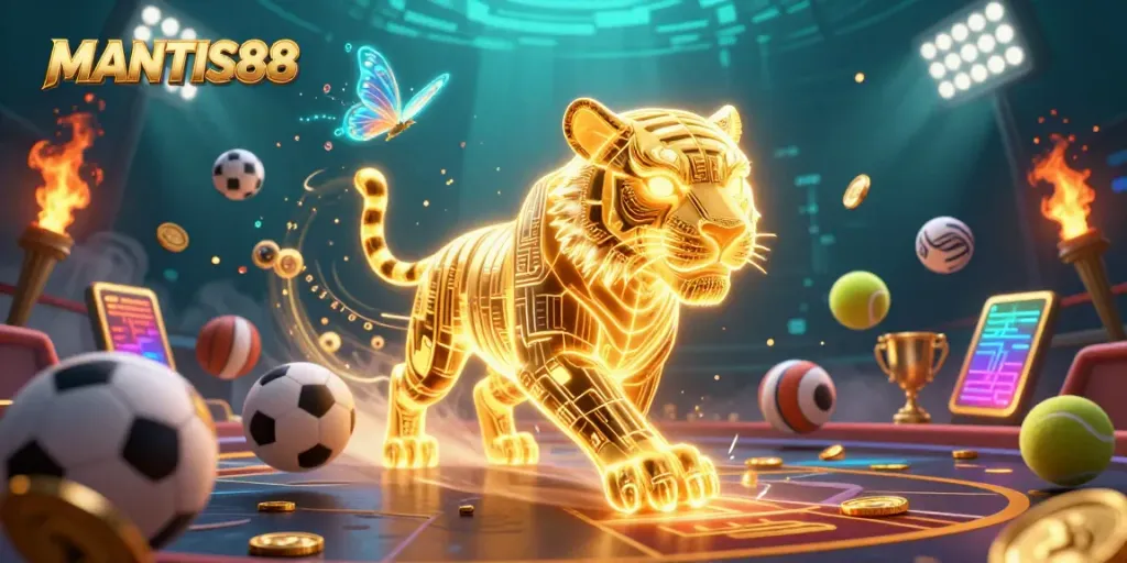 Experience the thrill of MANTIS88 with a vibrant digital casino scene featuring a golden tiger and sports elements.