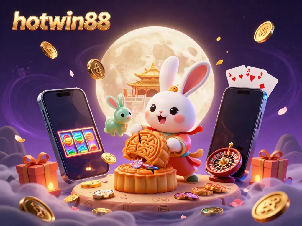 Experience hotwin88 with a whimsical lunar scene of a moon rabbit and jade companion, surrounded by casino gaming elements.