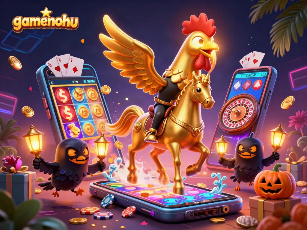 Experience gamenohu in a vibrant casino scene with a golden rooster and dynamic game elements.