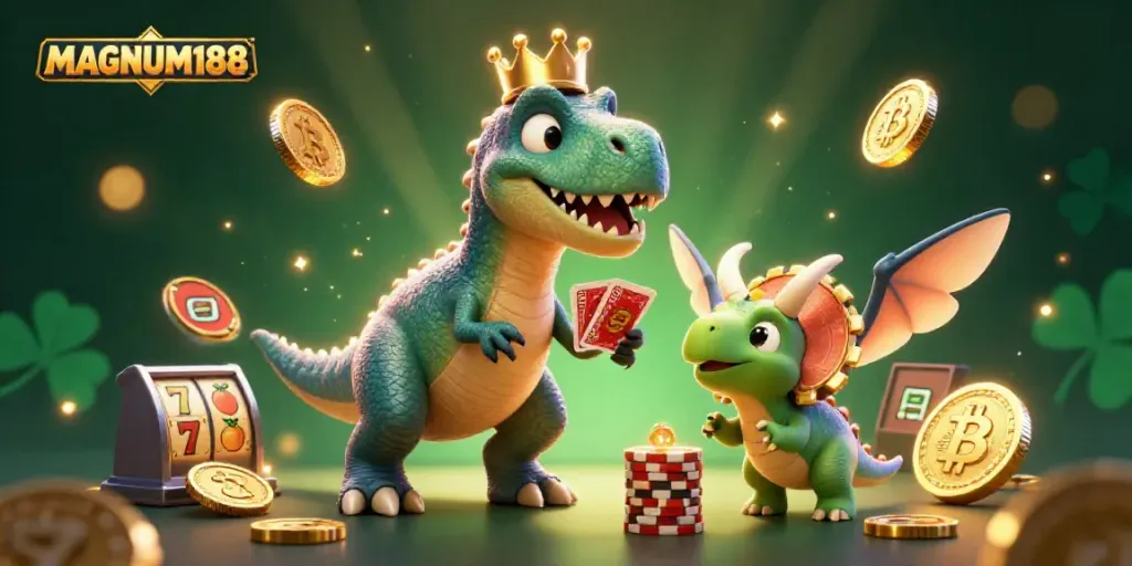 Experience the thrill of MAGNUM188 with friendly dinosaurs and dynamic casino elements in a vibrant scene.