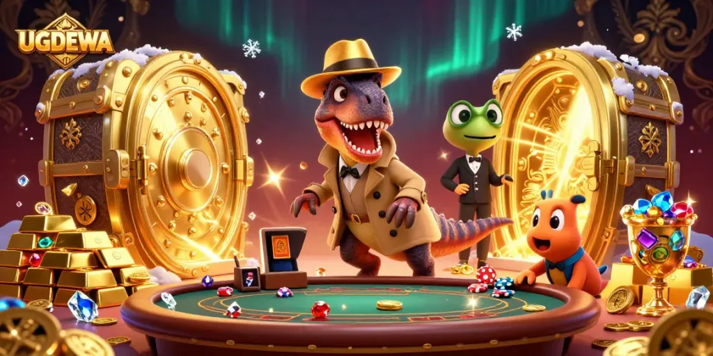 UGDEWA themed casino illustration featuring cartoon characters engaged in gambling activities.
